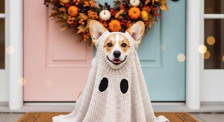 A smiling corgi dog dressed in a ghost costume sits in front of a door decorated with a fall wreath for Halloween.