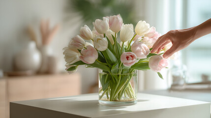 Hand Arranging Elegant Pink and White Tulips in a Glass Vase on a Table