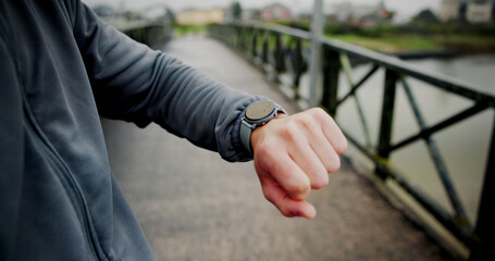 Smart watch, fitness and hands of person in city for health stats, tracking progress and timer....