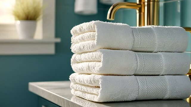 Neat stack of white fluffy towels on a bathroom counter, near a gold faucet and teal wall. Soft, natural light illuminates the scene
