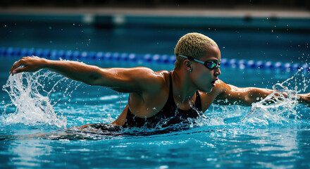 Woman swimming butterfly stroke in pool with goggles and cap. Competitive swimming and aquatic sport training for fitness exercise