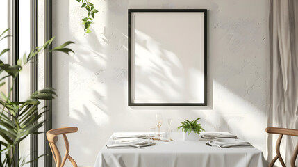 Fototapeta premium Black border frame mockup with ISO A4 poster, dining space mockup with cutlery set and linen tablecloth, bright natural light, Scandinavian styling with wall-mounted frame, 3D render