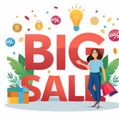 A high-quality 3D cartoon illustration showing Promotional poster design with a stylish woman holding shopping bags, standing next to a bol (4).sv, designed to represent creativity, fun, and visual st