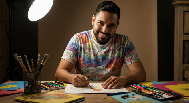 Man drawing and painting at desk with art supplies in creative studio. Artistic work and creative process for illustration and design projects