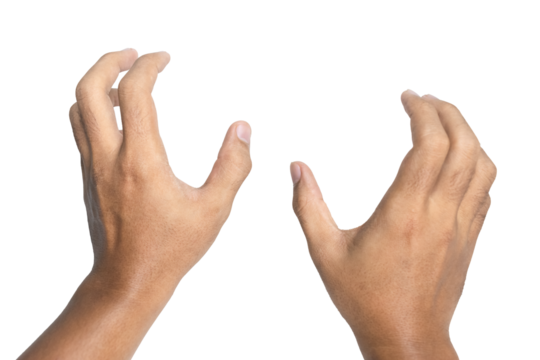 male hands holding, reaching, or grabbing something isolated on white background. transparent png