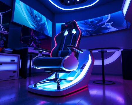 Gaming Chair in Neon Lit Room - Powered by Adobe