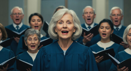 Obraz premium Woman singing in church choir with group during religious service. Choral music and worship performance for spiritual celebration