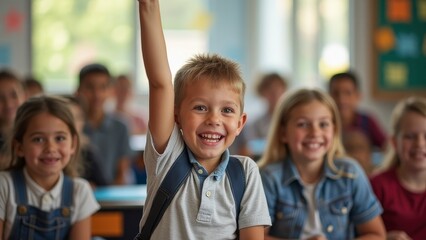 Enthusiastic Students in Classroom with Smiling Teacher Engaged in Learning