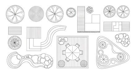 Landscape architecture plan drawing with trees, furniture and plantings