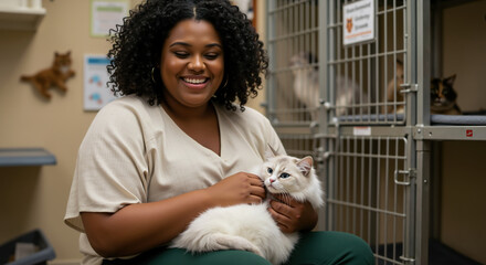 African American woman holding white cat in veterinary clinic with cages. Pet care and animal healthcare for veterinary services and treatment