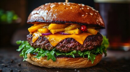 A burger featuring a juicy beef patty, yellow mango pickle, and melted cheese. Fresh green lettuce and sesame seed bun