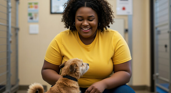 African American woman holding small dog in veterinary clinic setting. Pet care and animal healthcare for veterinary services and medical treatment