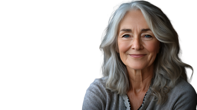 Portrait of beautiful mature woman with silver hair smiling aging gracefully health wellness lifestyle beauty tips isolated on transparent background