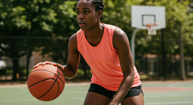 African American woman playing basketball outdoors with focused athletic expression. Sports training and fitness exercise for competitive play and physical wellness