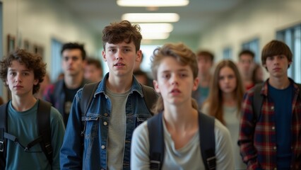 Students Walking in School Hallway, Smiling with Teacher, Classroom Learning Experience