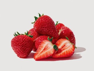 A cluster of ripe, red strawberries, some whole, others halved, sits on a bright white background, casting a subtle shadow