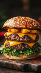 A burger features two juicy beef patties stacked high. Golden melted cheese, bright yellow mango pickle, green lettuce
