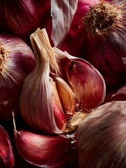 Close Up of Red Garlic Bulbs, Rich Textures and Colors.