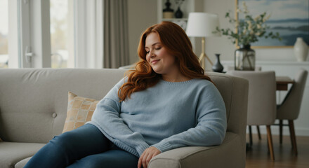 Woman relaxing on couch in comfortable home interior. Leisure time, home comfort, relaxation moment, cozy living space, peaceful atmosphere