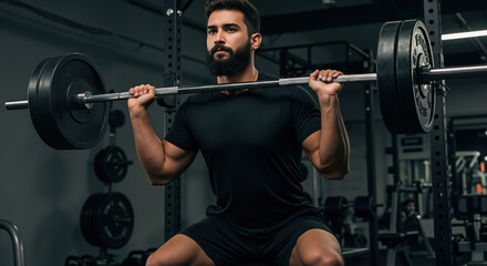 Athletic man performing barbell squat in gym. Strength training, bodybuilding exercise, fitness motivation, muscle building, sports performance