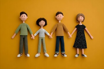 A family of four is holding hands, with a yellow background