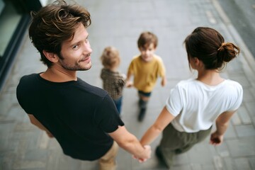 A man and his family are walking down a sidewalk