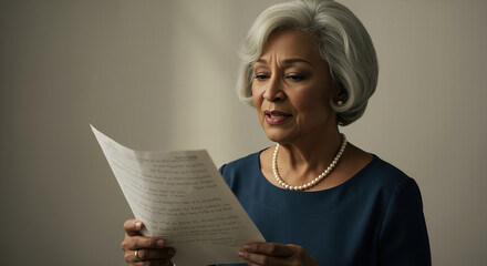 Senior woman reading document with pearl necklace in office. Business professional, legal review, document analysis, corporate meeting, executive decision