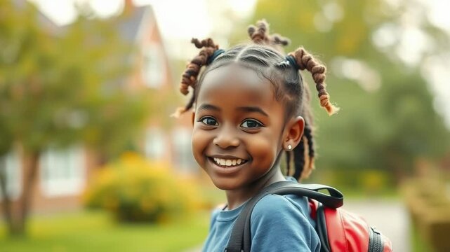 A happy young african girl with braided hair and a backpack smiles brightly outdoors