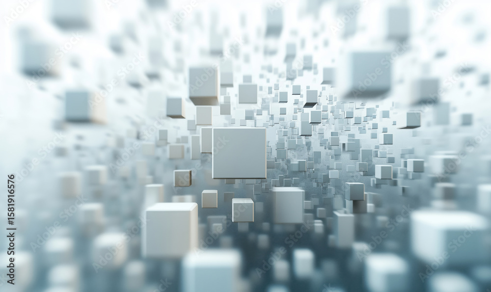 Poster abstract 3d white cubes floating in space creating a sense of depth and movement.