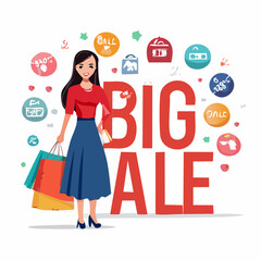 A high-quality 3D cartoon illustration showing Promotional poster design with a stylish woman holding shopping bags, standing next to a bol (6).sv, designed to represent creativity, fun, and visual st