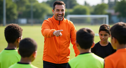 Man in orange jacket coaching young soccer players on grass field. Sports training and youth development. Athletic programs and coaching services