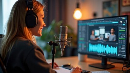 Students Engaged in Learning with Smiling Teacher in Educational Podcast Setting