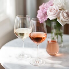 Two Glasses of Wine on Marble Table with Roses. A close up image of white and rose wine in elegant glasses, accompanied by a bouquet of soft pink roses.