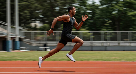 Obraz premium Man running on track in black athletic wear during intense training session. Fitness and endurance sports performance. Athletic training and gym membership campaigns