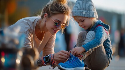 Mother assists child with shoe tying at outdoor event lifestyle warm environment close-up view