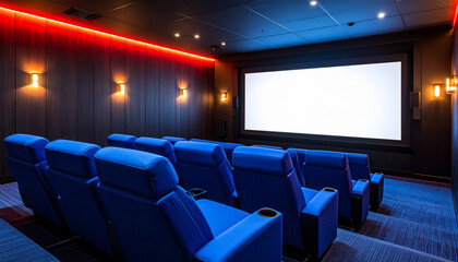 A vibrant mini theater with red, teal, and yellow reclining chairs, LED ceiling stars, colorful carpet, and fun wall decals of famous movie characters