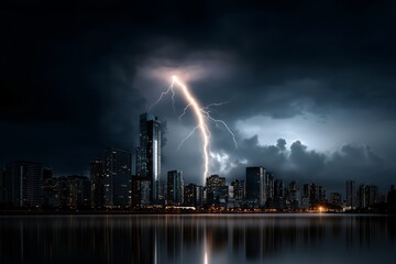 Dramatic lightning strikes over a modern city skyline at night, illuminating tall buildings and reflecting on calm water, creating a striking atmospheric scene