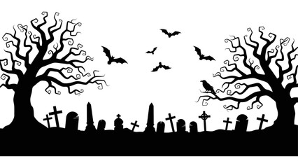 Haunted Graveyard Silhouette with Twisted Trees, Bats, and Tombstones – Halloween Background