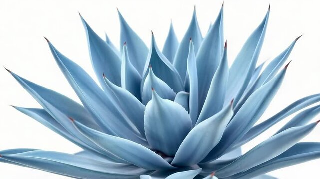 A closeup view of a vibrant blue agave succulent, its pointed leaves fanning out against a clean white background