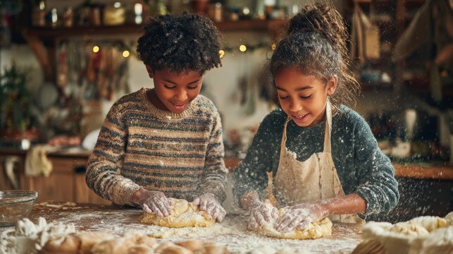 Kids baking together making dough in a cozy kitchen - a fun warm activity