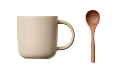 Top-Down View of Ceramic Mug with Wooden Spoon Laid Beside, Flat Lay Style, Isolated on Transparent Background