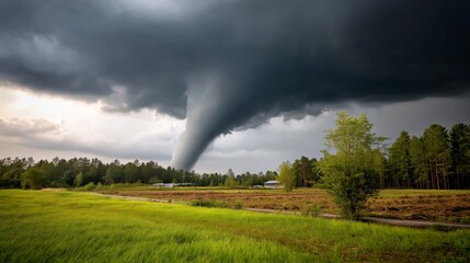 Tornado forming over a lush green field, with dark storm clouds swirling above, creating a dramatic and intense atmosphere in the rural landscape