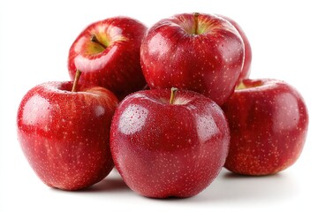 A cluster of six glossy, red apples, plump and slightly dewy, rests on a stark white background.  The apples are arranged in a pyramid shape, showcasing their vibrant color and smooth skin