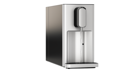 Sleek modern water purifier dispenses fresh, filtered water against a solid  isolated on transparent background.
