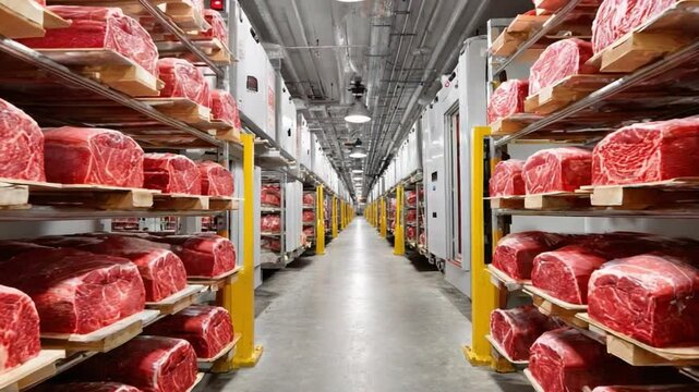 Meat Industry Inventory: A meticulous storage of raw beef cuts in an expansive, industrial-style refrigerated warehouse. Shelves stacked with fresh meat, ready for distribution or processing.