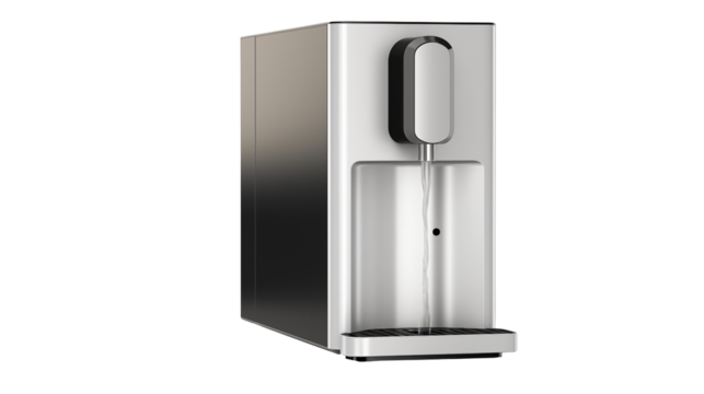 Sleek modern water purifier dispenses fresh, filtered water against a solid  isolated on transparent background.