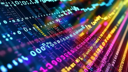 Colorful abstract representation of digital data flow with vibrant lines and numbers in a tech environment - Powered by Adobe