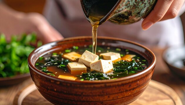 Ultra HD close-up of miso soup being poured into a lacquer bowl, with tofu cubes and wakame seaweed floating, and a chef's hand steadying the dish