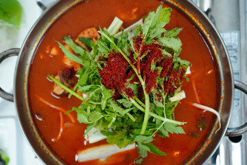 Spicy Korean Fish Stew with Mugwort and Chili Powder