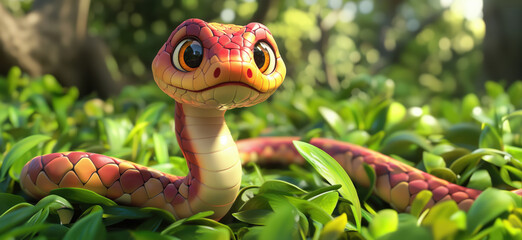 Colorful cartoon snake with large eyes resting on lush green foliage in a vibrant forest.